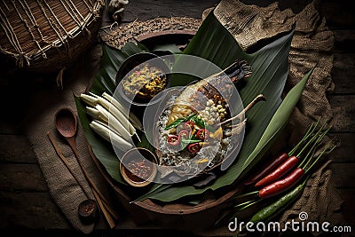 Traditional Dayak food in West Kalimantan, AI generated Stock Photo