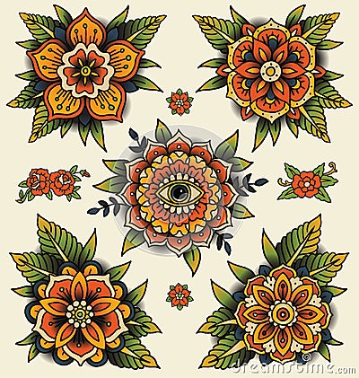 Traditional decorative tattoo flowers. Set of isolated vector illustrations. Vector Illustration