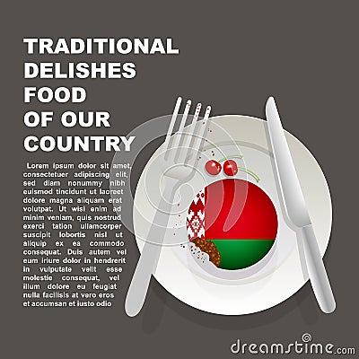 Traditional delicious food of Belarus country poster. European national dessert. Vector illustration cake with national flag of Be Cartoon Illustration