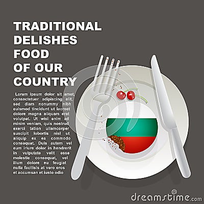 Traditional delicious food of Bulgaria country poster. European national dessert. Vector illustration cake with national flag of B Cartoon Illustration