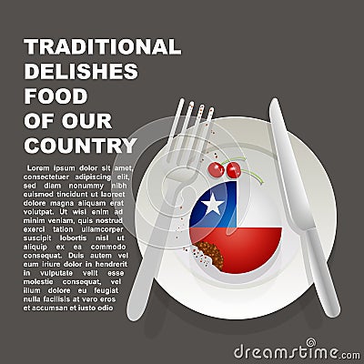 Traditional delicious food of Chile country poster. American national dessert. Vector illustration cake with national flag of Chil Cartoon Illustration