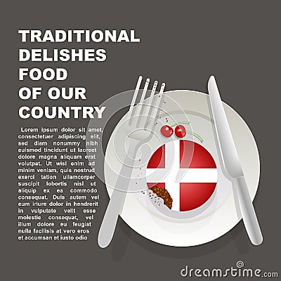 Traditional delicious food of Denmark country poster. European national dessert. Vector illustration cake with national flag of De Cartoon Illustration