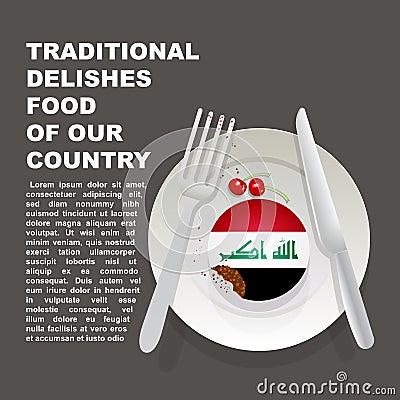 Traditional delicious food of Iraq country poster. Asian national dessert. Vector illustration cake with national flag of Iraq Cartoon Illustration