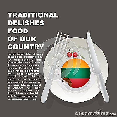 Traditional delicious food of Lithuania country poster. European national dessert. Vector illustration cake with national flag of Cartoon Illustration