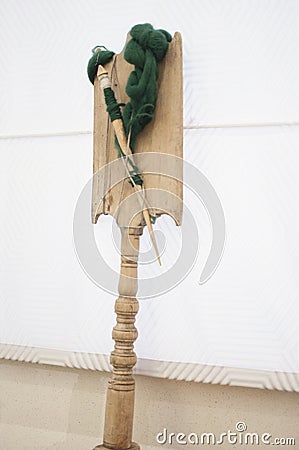 Old fashioned wooden distaff, spindle, spinning wheel Stock Photo
