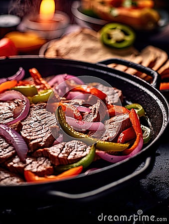 Traditional Dish of Mexico Steak Fajitas on a Plate on Selective Focus Background Stock Photo