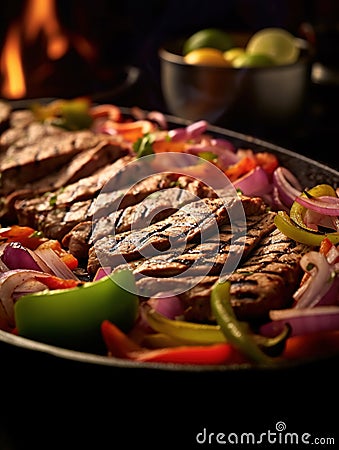 Traditional Dish of Mexico Steak Fajitas on a Plate on Selective Focus Background Stock Photo