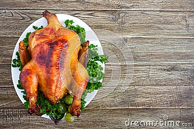 Traditional dish turkey on the holiday table. Festive dinner for Thanksgiving or Christmas. Stock Photo