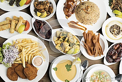 Traditional dishes on table, Traditional Ramadan food Buffet. Stock Photo