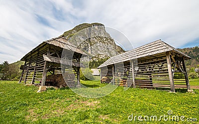 Traditional double hayracks in small village of Studor in Slovenia Stock Photo