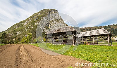Traditional double hayracks in small village of Studor in Slovenia Stock Photo