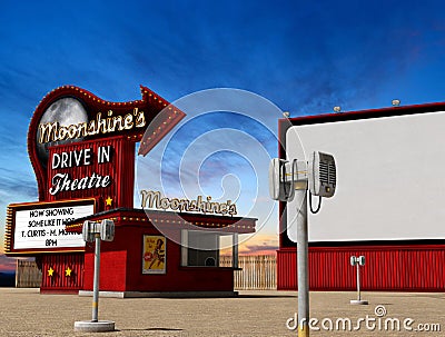 Traditional drive-in movie theater cinema at dusk Cartoon Illustration