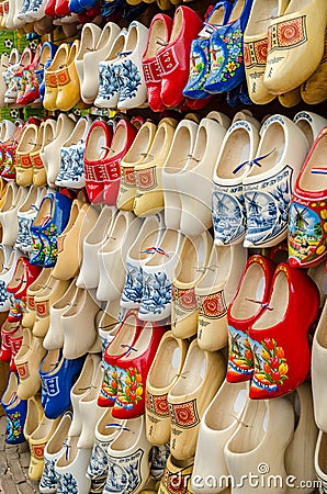 Traditional Dutch clogs wooden shoes in souvenir store Amsterdam Editorial Stock Photo
