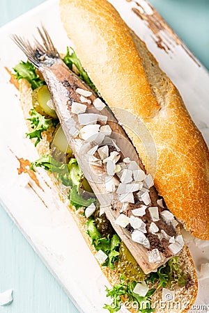Traditional dutch snack, seafood sandwich with herring Stock Photo