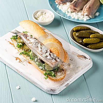 Traditional dutch snack, seafood sandwich with herring Stock Photo