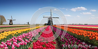 Traditional Dutch windmills with fields of tulips Stock Photo