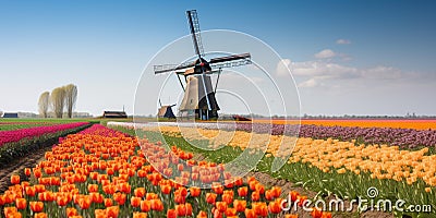 Traditional Dutch windmills with fields of tulips Stock Photo