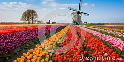 Traditional Dutch windmills with fields of tulips Stock Photo
