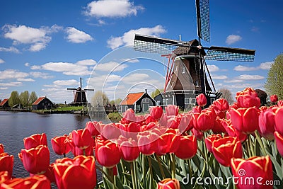 Traditional Dutch windmills and tulips in Zaanse Schans, Netherlands, Landscape with tulips in Zaanse Schans, Netherlands, Europe Stock Photo