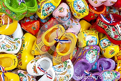 Traditional Dutch wooden souvenir clogs for sale in the Netherlands Editorial Stock Photo