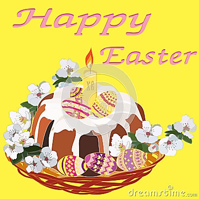 Traditional Easter cake with candle and flowering branches in a wicker basket on a yellow background Vector Illustration