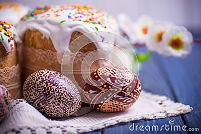 Traditional easter cake kulich Ukrainian Russian with colored eggs Stock Photo