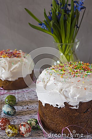 Traditional Easter panettone with flowers Stock Photo