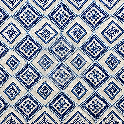 Jasper Blue Embroidered Fabric With Bold Block Prints And Hand-painted Details Stock Photo