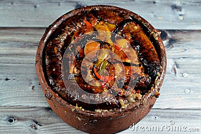 Traditional Egyptian mixture of lamb meat, sausage mumbar intestines filled with rice, kawareh trotters cow feet, pieces of cooked Stock Photo