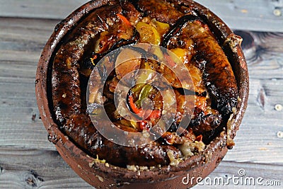 Traditional Egyptian mixture of lamb meat, sausage mumbar intestines filled with rice, kawareh trotters cow feet, pieces of cooked Stock Photo