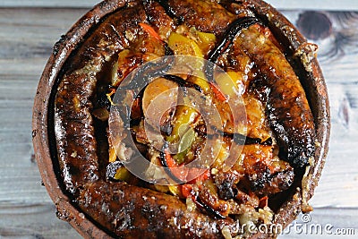 Traditional Egyptian mixture of lamb meat, sausage mumbar intestines filled with rice, kawareh trotters cow feet, pieces of cooked Stock Photo