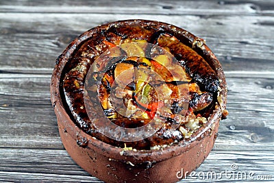 Traditional Egyptian mixture of lamb meat, sausage mumbar intestines filled with rice, kawareh trotters cow feet, pieces of cooked Stock Photo