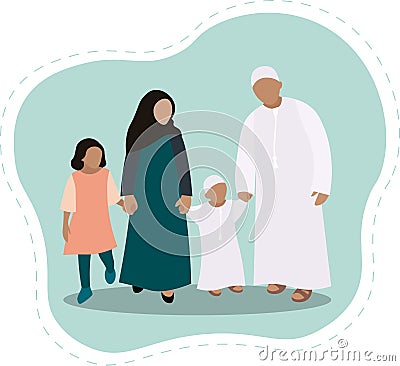 Traditional Emirati young family enjoying the weekend outdoor during a sunny day. man in front wearing the dishdash traditional we Vector Illustration