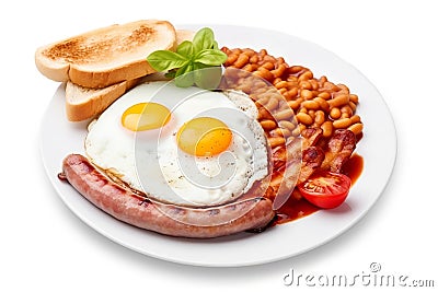 traditional english breakfast dish with eggs, bacon, beans, and sausage on transparent background Stock Photo