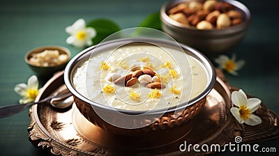 Traditional english breakfast. Woman holds bowl of cereal oatmeal or porridge with milk, raisins and nuts. Close up shot Stock Photo
