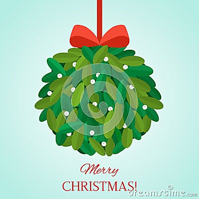 Traditional english christmas ball made from mistletoe. Holiday `kiss me under the mistletoe.` Vector Illustration