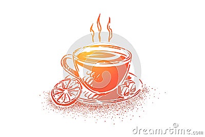 Traditional english drink closeup, tasty brew with lemon slice and ice cubes, natural, fresh organic brew Vector Illustration