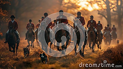 Traditional english Fox hunters are galloping on field in red hunting suits, hunting dogs running next to horses. Stock Photo