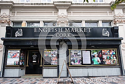 Traditional entrance of the English famous Market in cork city Ireland. Food, fish, meat and toy market. Editorial Stock Photo