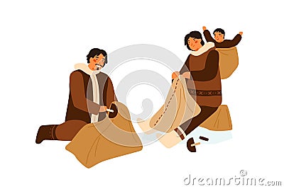 Traditional Eskimo family during animal skin treatment after hunting vector flat illustration. Man and woman sewing Vector Illustration