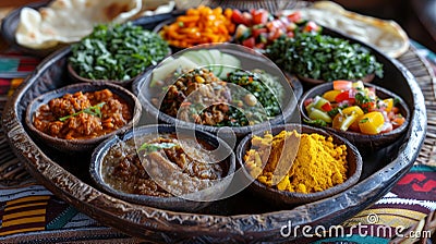 traditional Ethiopian dish, such as injera with various side dishes Stock Photo