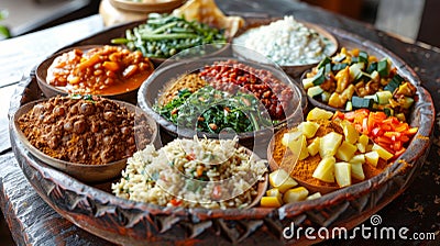 traditional Ethiopian dish, such as injera with various side dishes Stock Photo