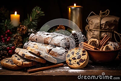 Traditional European Christmas homemade stollen with festive decoration Stock Photo