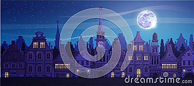 Traditional European old town.Town hall, chapel, beautiful houses, city street. Night city, moon. Vector cartoon Vector Illustration