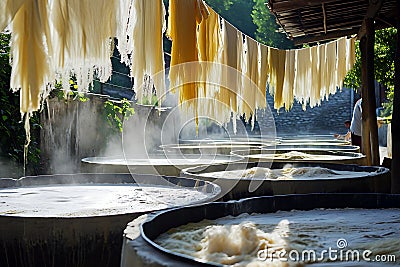 Traditional Fabric Drying Process in Outdoor Workshop Stock Photo