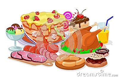 Traditional family Thanksgiving festive table with roasted chicken, sweet pastries, drinks. Vector Illustration