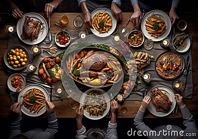 Traditional family Thanksgiving dinner served on wood table from above AI Generated Stock Photo