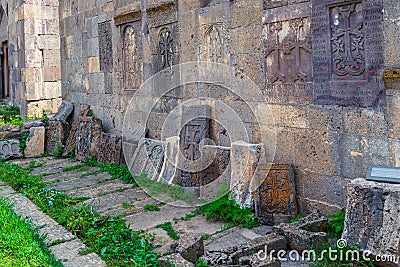 Traditional famous cross-stones near the walls of Tatev Monastery Stock Photo