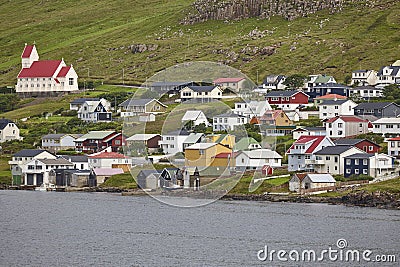 Traditional faroese village in Suduroy island. Fjord landscape. Tvoroyri Stock Photo