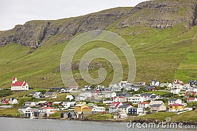 Traditional faroese village in Suduroy island. Fjord landscape. Tvoroyri Stock Photo